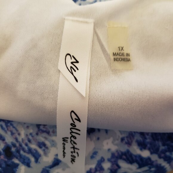 NY Collection 1X Top Blouse Blue White Paisley Flutter Short Sleeve Open Back - Picture 5 of 6